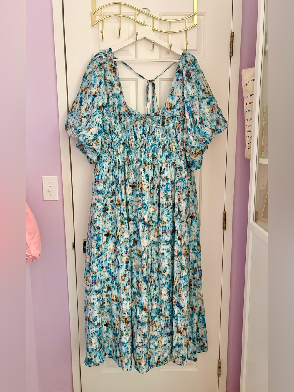 Anthropologie Short-Sleeve Smocked Babydoll Midi Dress